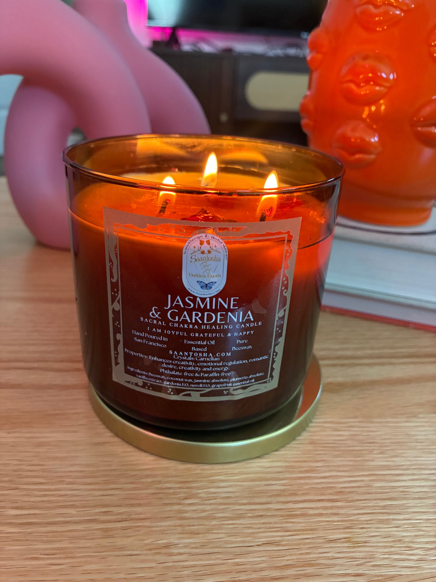 3-Wick Beeswax 16oz Candle with Crystals