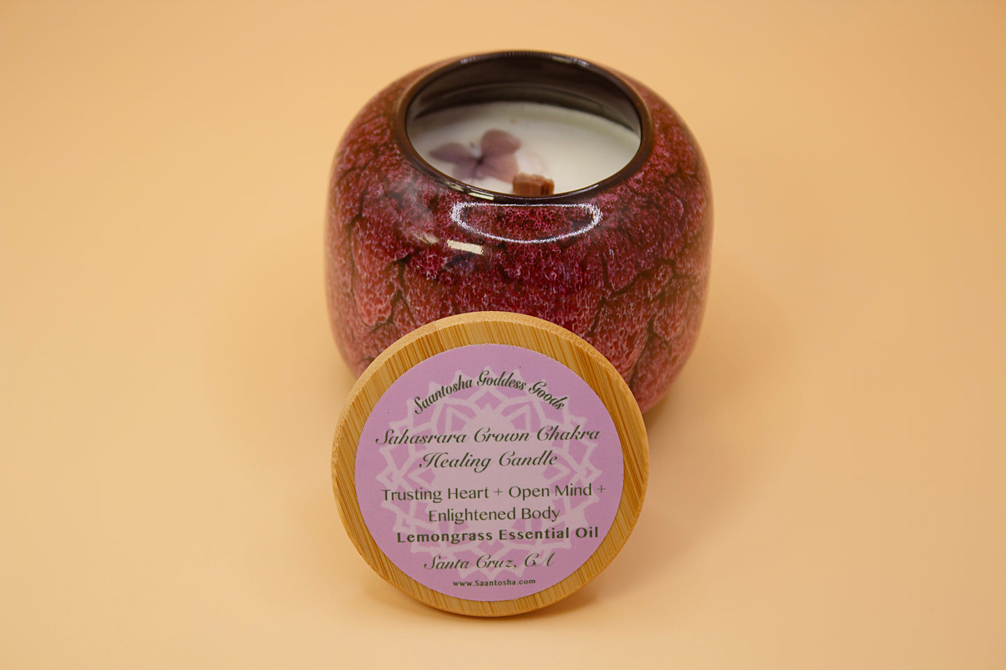 Ceramic Wood-Wick Non-Toxic Candles| Chakra Candles with Crystals